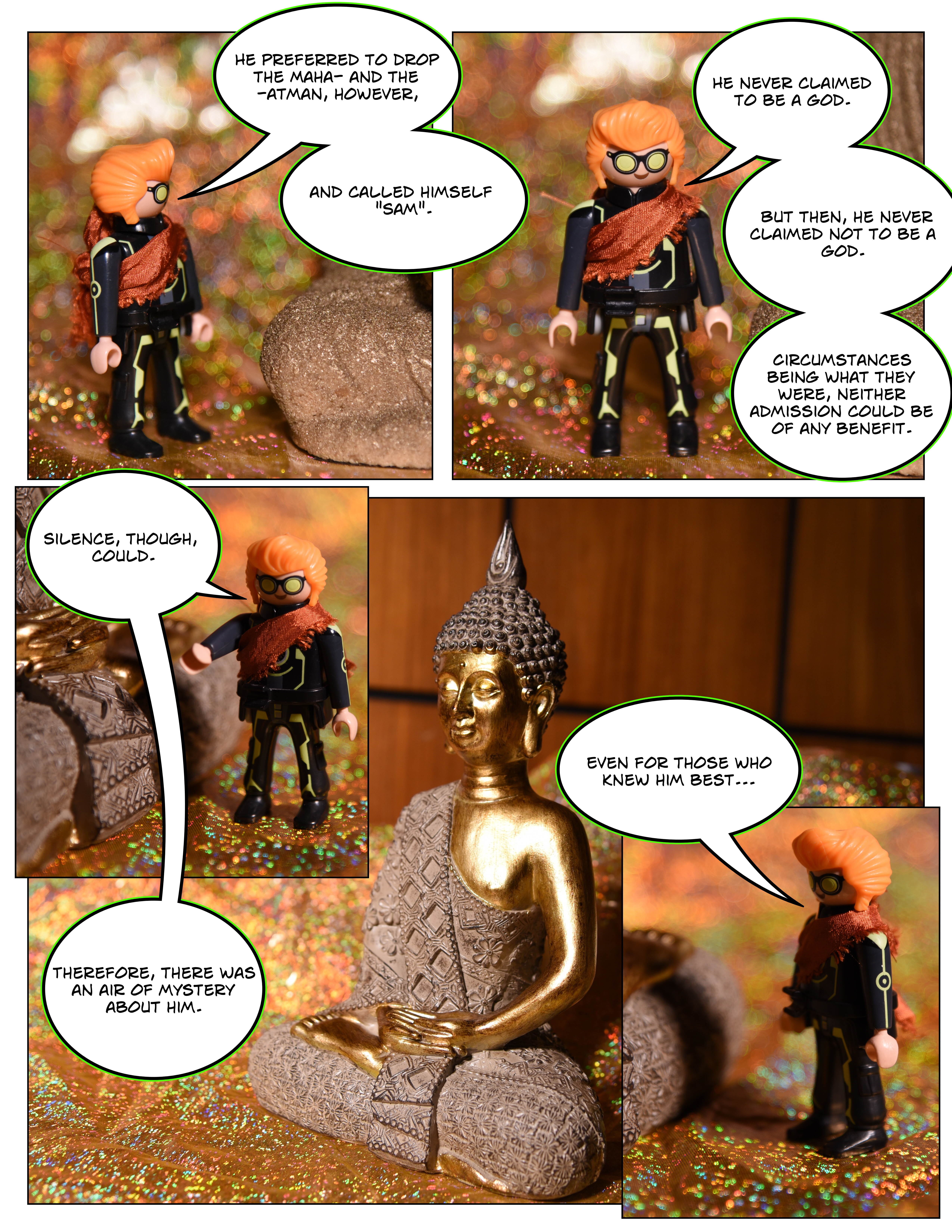 A five-panel comic dramatizing the opening lines of Roger Zelazny's The Lord of Light