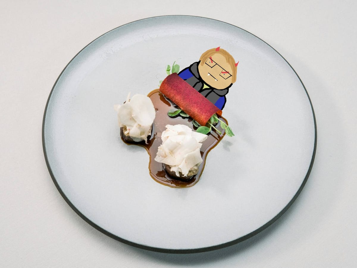 A fancy white plate of molecular gastronomy food. There are two white blobs of cream or cheese sitting in a brown sauce along