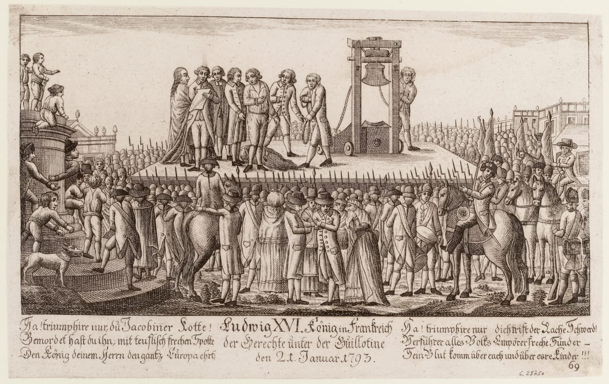 A black and white print of the execution of Louis XVI. A large crowd of people of all ages, many of them armed gather around