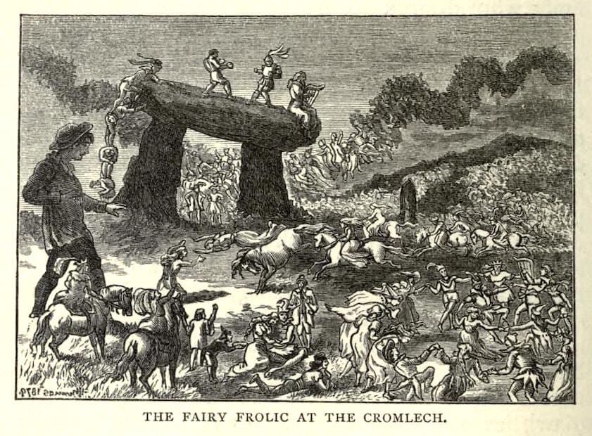 A woodcut or print captioned "The Fairy Frolic at Cromlech". A young man in period clothes looks on in amazement as a huge ga