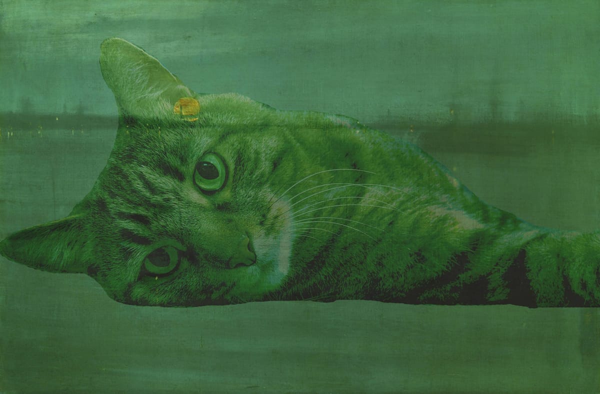 A moody cracked oil painting of a bay in evening with a bright orange sun in the far background descending to the horizon. Ov