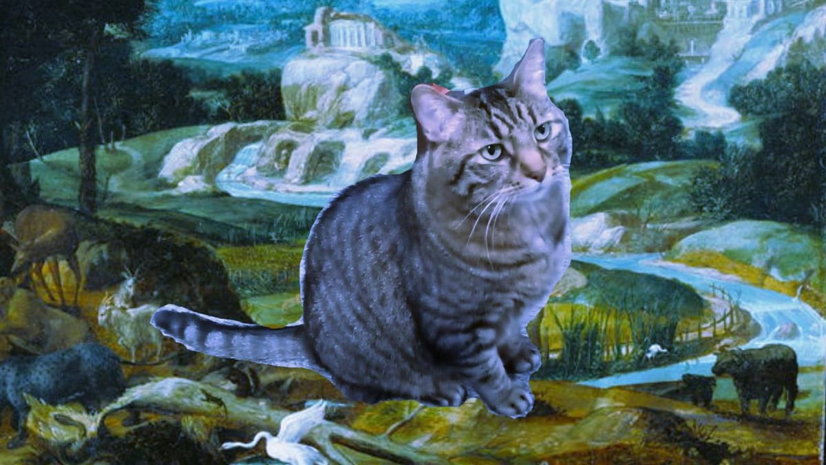 A blue-toned image of a large tabby cat collaged into a pastoral painting of a beautiful riverside landscape.