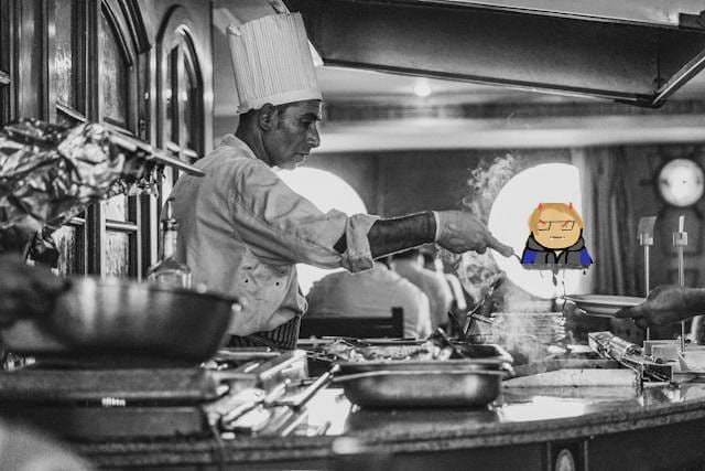 A black and white photo of a fancy chef in a commercial kitchen lifting up a scoop of hot food. A evil cartoon image of the b