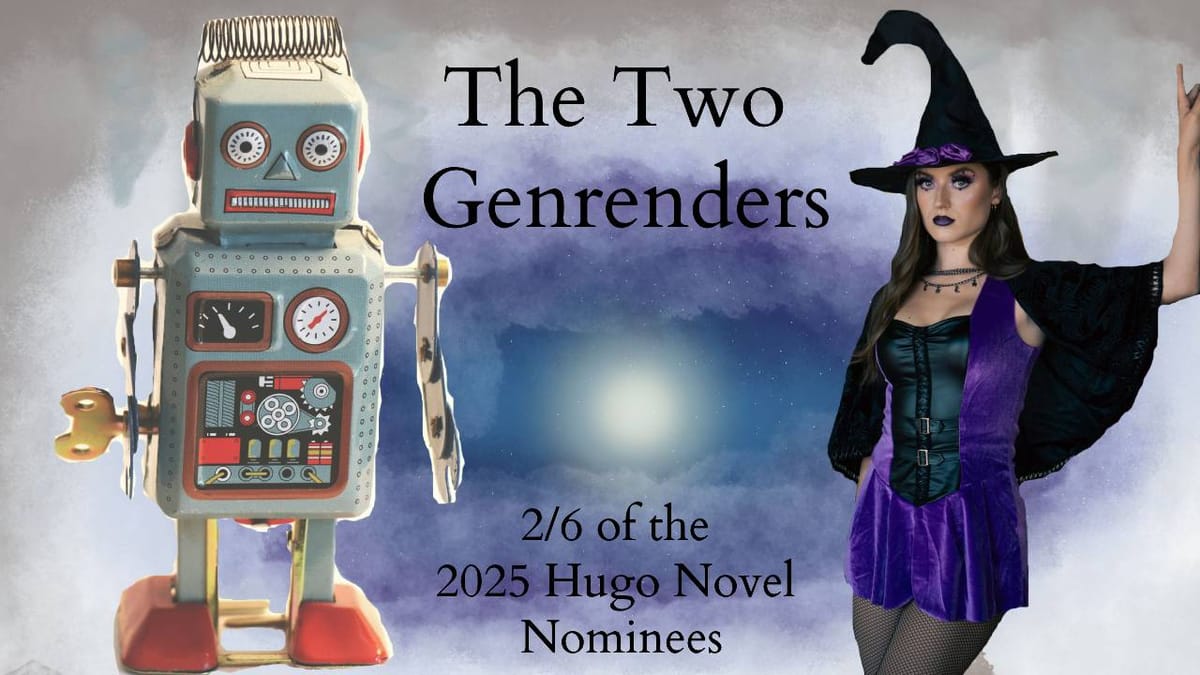 A retro toy robot and an attractive Halloween witch stand photoshopped on a mysterious sky. Text between the figures reads "T