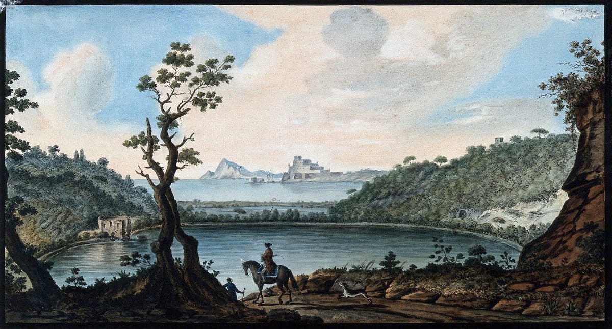 A colorful 1770s etching of Lake Avernus in Italy. The etching shows a beautiful vista of a large lake surrounded by hills an