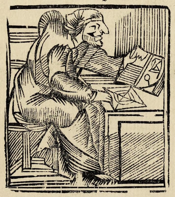 A 1686 woodcut from the book The Strange and Wonderful History of Mother Shipton depicting a person in loose robes hunched an