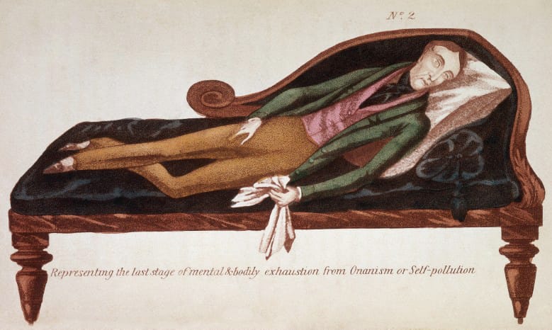 A drawing of a Victorian gentleman reclining on a couch, looking wan and delirious. A handwritten caption below: "Representin
