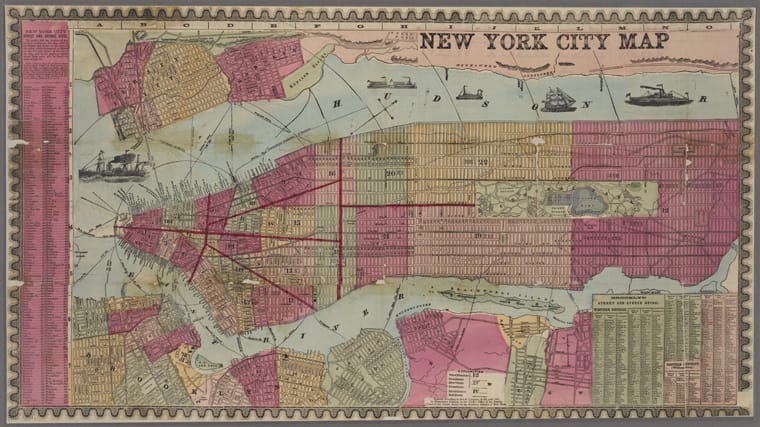 A vintage multi-colored map of the island of Manhattan, with streets labelled.