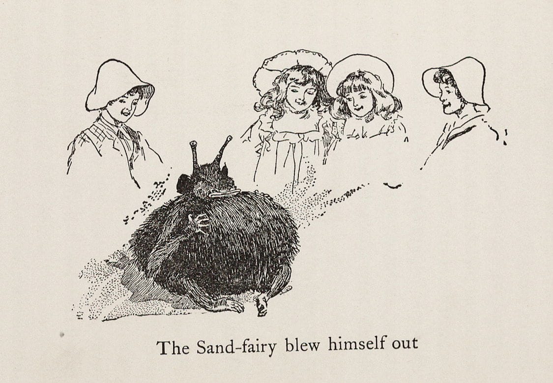 A pen-and-ink illustration of a group of children observing a bloated and sleepy little fairy. The fairy is small and covered