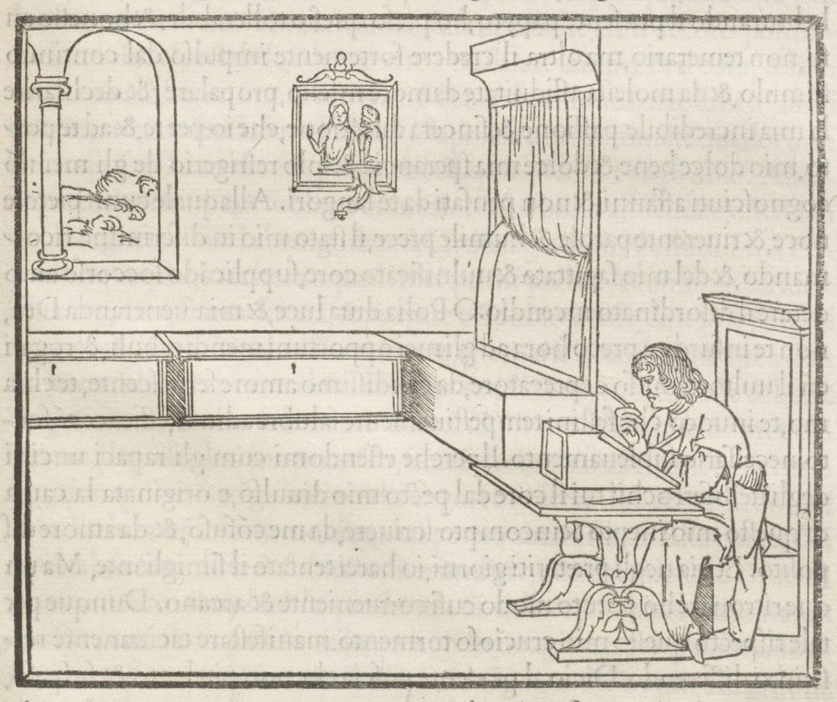 A woodcut image of a man sitting alone in a large room writing at a desk. Behind him is a long bench and a window with a view