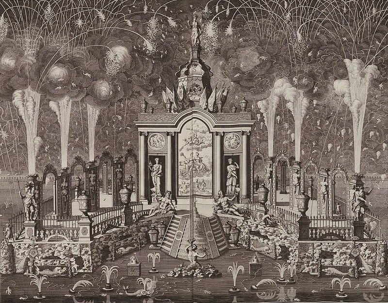 A detailed monochrome etching of a grand fireworks display over a floating garden decorated with Classical statuary and paint