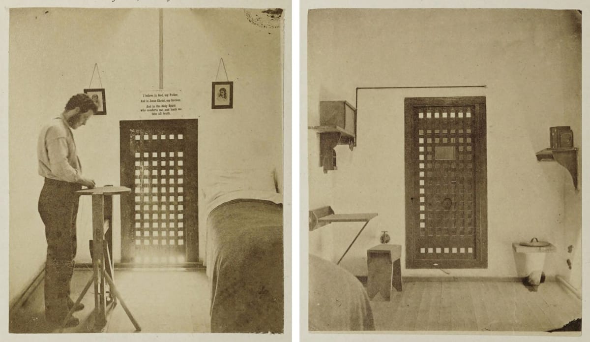 A diptych photograph of the interior of a Philadelphia prison cell, taken in the late 1800s. In the left photo a man stands b