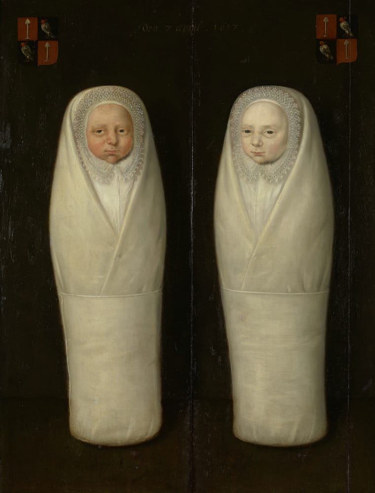 A painting of a pair of baby twins, both swaddled in white. The twins have similar appearances and expressions, but one is mu