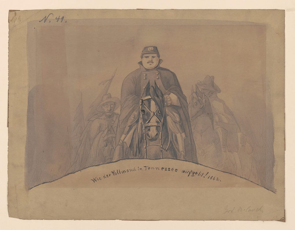 A sketch of American Civil War soldiers riding horses towards the viewer of the image. The men look resigned, despairing, and