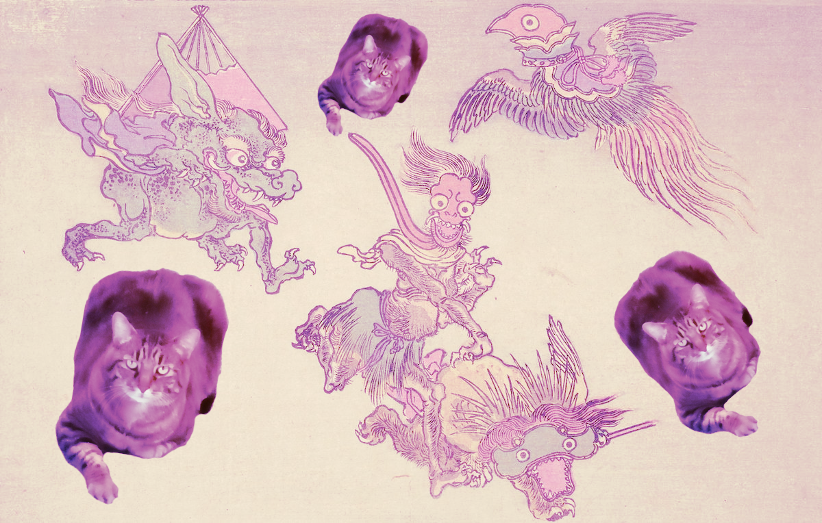 A late 1800s Japanese woodblock print in which everyday objects transform into cavorting demons. A repeated image of a fat magenta tabby cat has been added to the picture using Photoshop.