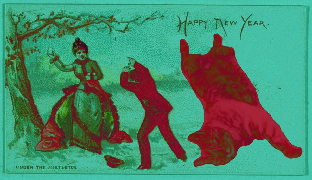 A vintage postcard of a woman threatening a man with a snowball. Text reads "Happy New Year." Under the text is pasted an image of a fat cat, glowing red.