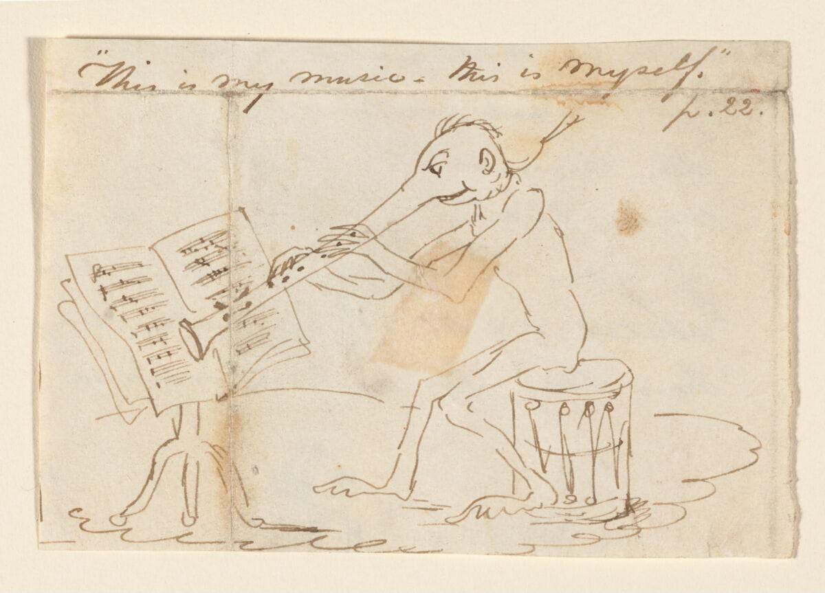 A drawing of a man playing his large clarinet-shaped nose. A caption reads "This is my music. This is myself".