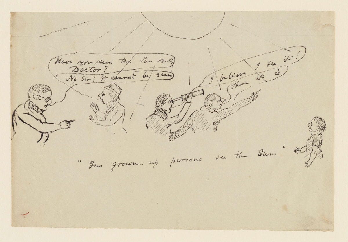 A line drawing of a child looking at a group of adults debating the location of the sun, even as it shines down directly upon them. A caption reads "Few grown-up persons see the Sun".