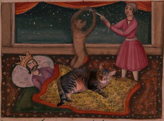 An 1800s Persian illustration of a king sleeping in bed, unaware that his servant is battling a monkey which is trying to kill him. A tabby cat has been photoshopped on the king's bed.