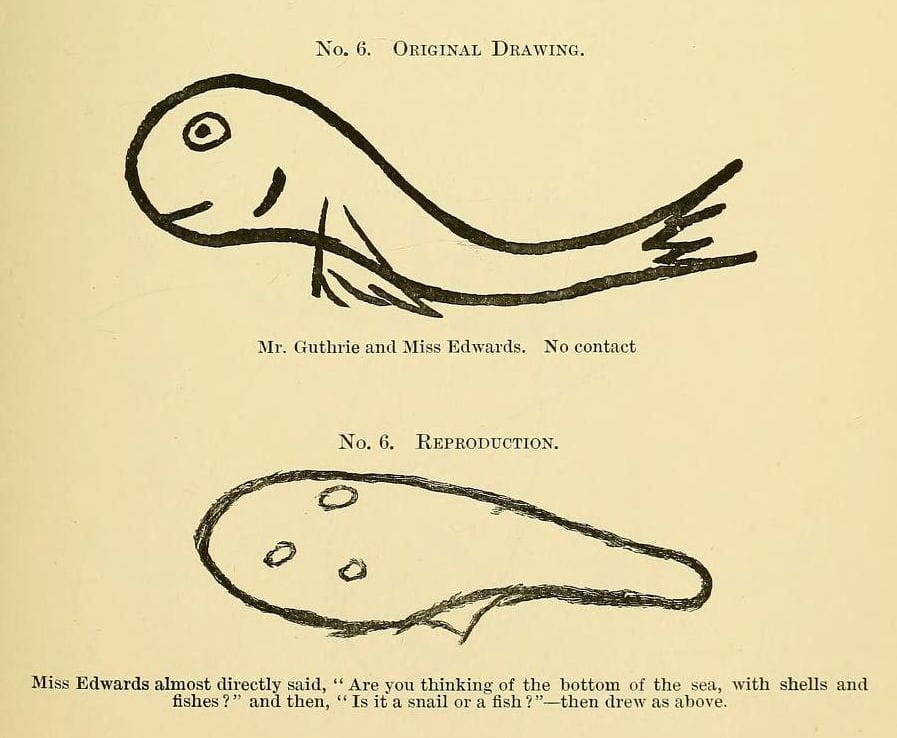 An image of a report on telepathic image transference showing a drawing of a fish made by one test subject and sort of reproduced by another.
