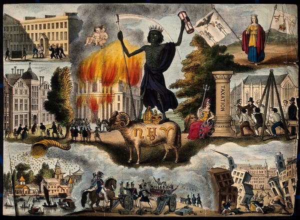 An apocalyptic image of chaos and violence in a city with a large figure of death standing at the center
