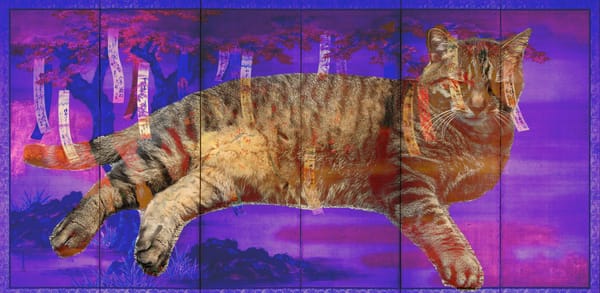 A striped cat lies sprawled on a flat surface, looking out disdainfully. Overlaid on top of him is a historic Japanese screen