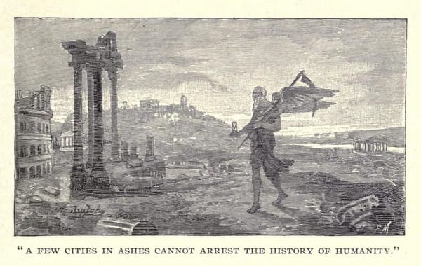 A print of an anthropomorphized Death walking through a destroyed Greek or Roman city. The caption reads "A few cities in ash