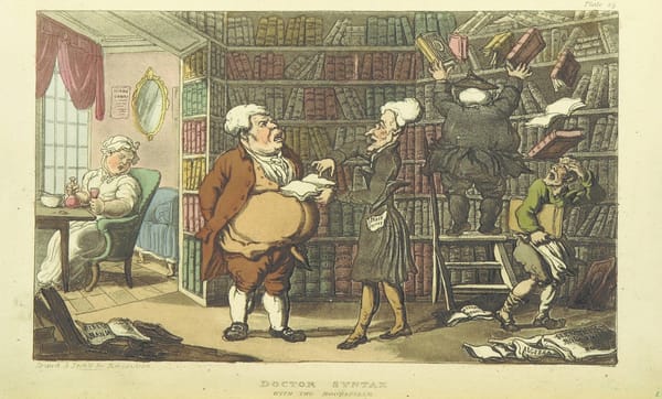A cartoon from the 1700s showing several humorously grotesque figures wreaking havoc at a bookshop. The caption reads "Doctor