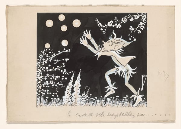 A ink drawing of a little elf chasing soap bubbles across a meadow. The elf wears a fringed costume. The bushes and trees of