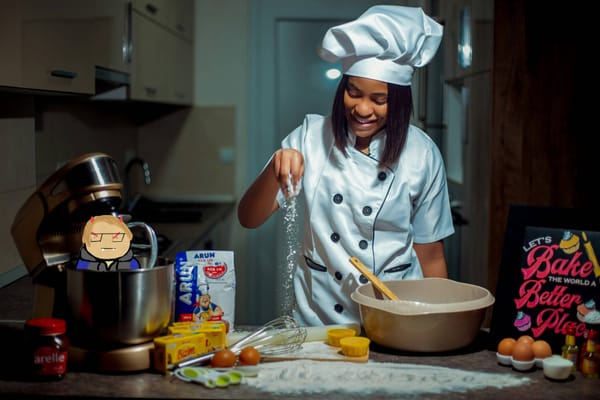 A young woman dressed as a chef happily sprinkles flour onto her work surface. She is surrounded by bowls, mixers, and boxes