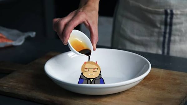 A stock photo of a chef pouring sauce into a clean white bowl. In the middle of the bowl is a cartoon caricature of the blog