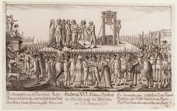 A black and white print of the execution of Louis XVI. A large crowd of people of all ages, many of them armed gather around