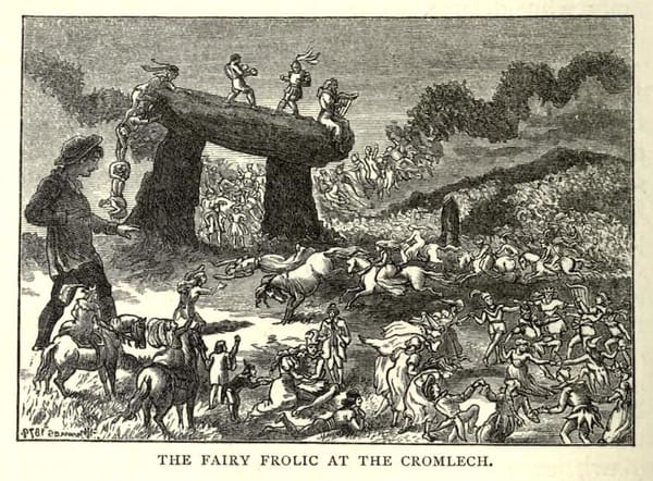 A woodcut or print captioned "The Fairy Frolic at Cromlech". A young man in period clothes looks on in amazement as a huge ga