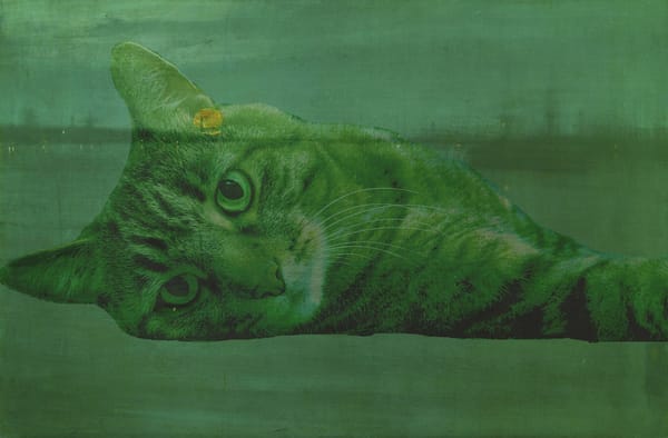 A moody cracked oil painting of a bay in evening with a bright orange sun in the far background descending to the horizon. Ov