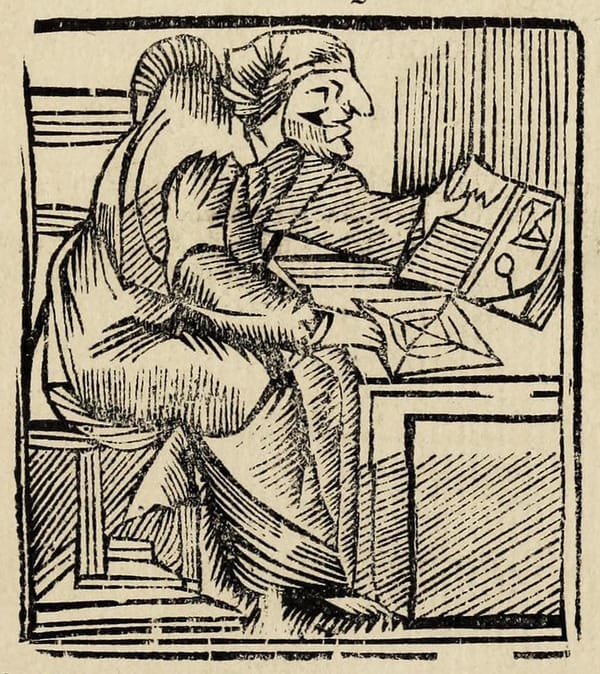 A 1686 woodcut from the book The Strange and Wonderful History of Mother Shipton depicting a person in loose robes hunched an