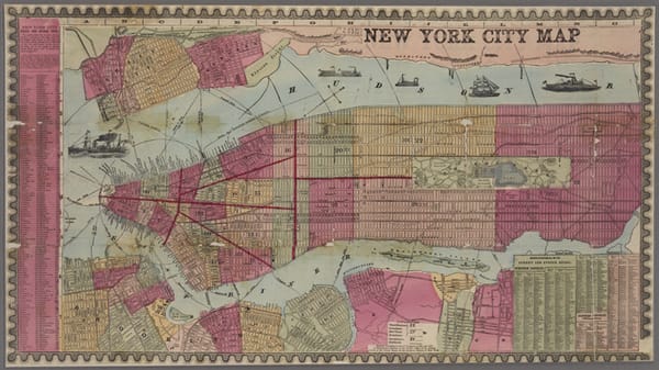 A vintage multi-colored map of the island of Manhattan, with streets labelled.