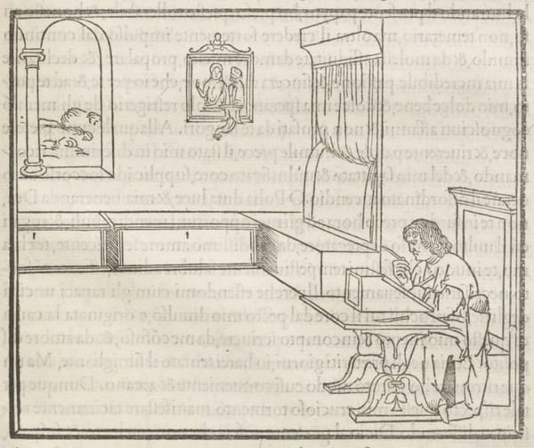 A woodcut image of a man sitting alone in a large room writing at a desk. Behind him is a long bench and a window with a view