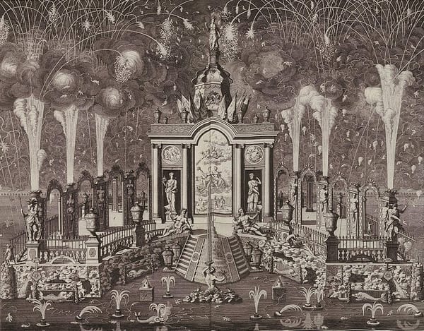 A detailed monochrome etching of a grand fireworks display over a floating garden decorated with Classical statuary and paint