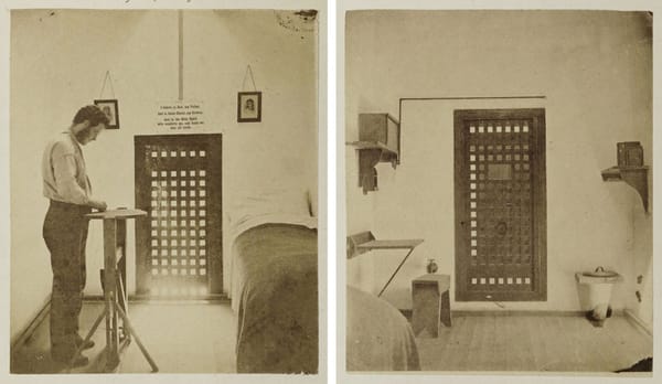 A diptych photograph of the interior of a Philadelphia prison cell, taken in the late 1800s. In the left photo a man stands b