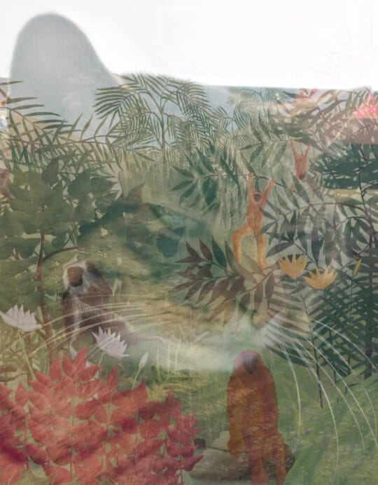 An image of a smirking tabby cat overlaid with Henri Rousseau's "Tropical Forest with Monkeys"