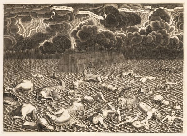 Woodblock print of the Biblical Flood showing heavy clouds raining down on a vast sea full of dead animals and people