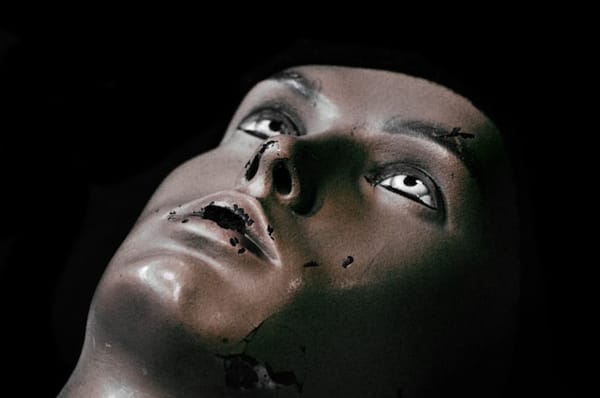 A dead-eyed plastic mannequin gazes into the top of the frame. The mannequin is surrounded by darkness.