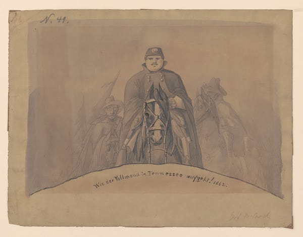 A sketch of American Civil War soldiers riding horses towards the viewer of the image. The men look resigned, despairing, and