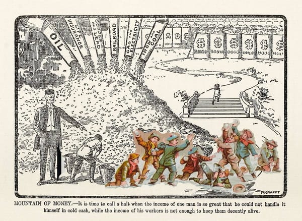 A collage of two vintage images: one of a wealthy man ordering immiserated people to move money for him. The other, placed in the foreground, is a group of boys throwing snowballs.