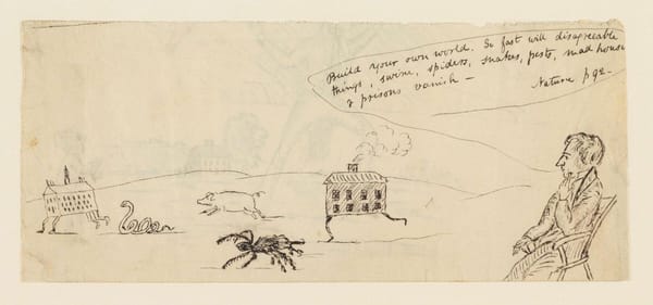 Drawing of a man watching vermin flee before him. Speech bubble: "Build your own world. So fast will disappearable things, swine, spiders, snakes, pests, mad houses, & prisons vanish".