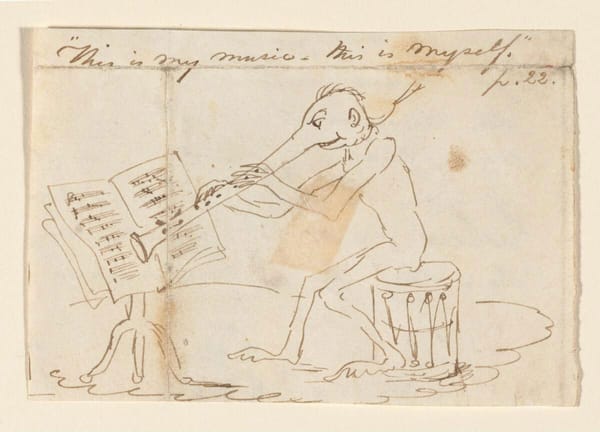 A drawing of a man playing his large clarinet-shaped nose. A caption reads "This is my music. This is myself".