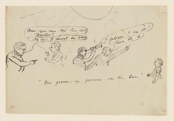 A line drawing of a child looking at a group of adults debating the location of the sun, even as it shines down directly upon them. A caption reads "Few grown-up persons see the Sun".
