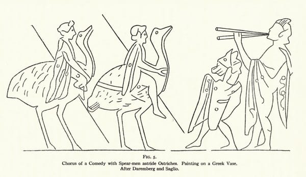 A line drawing replica of an Ancient Greek painting of warriors riding ostrices toward togaed musicians.