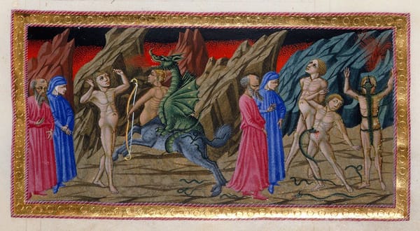 A 1400s illustration of The Divine Comedy, showing Dante and Virgil observing various suffering souls in hell.