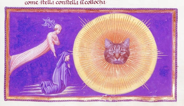 A mid-1400s illustration of Dante's account of Paradise, with the face at the center of the sun replaced by that of a cat.